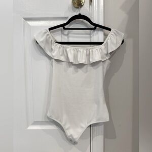 Express White Ruffled Off-Shoulder Bodysuit